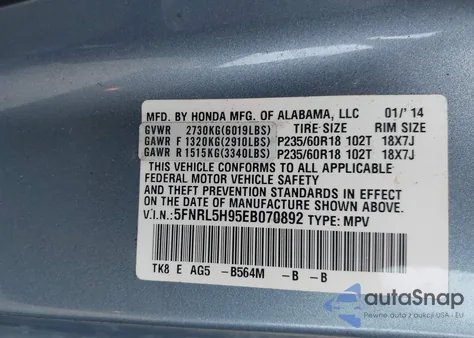 2014 Honda Odyssey Touring/Touring Elite z USA, uszkodzony, nr VIN 5FNRL5H95EB070892